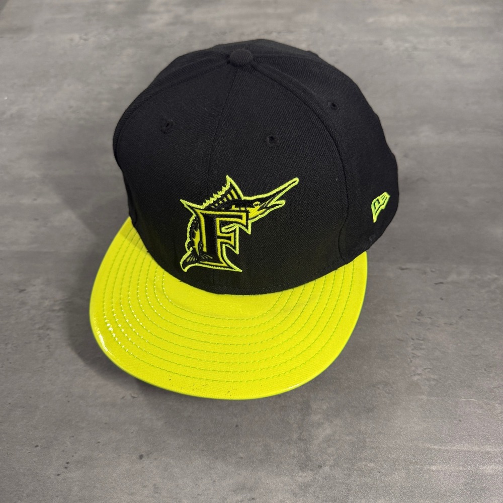 New Era Florida Marlins Hat 8 1/4 Black Neon Yellow Leather 59FIFTY Fitted Cap